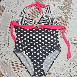 NWT Pink and Black One Piece Swimsuit with Halter Neckline